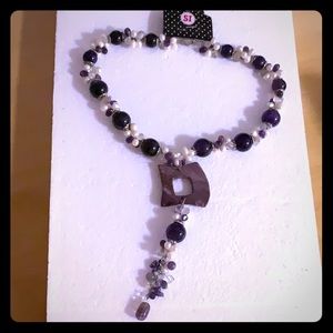 NWT Natural Amethyst stone, crystal,pearl necklace